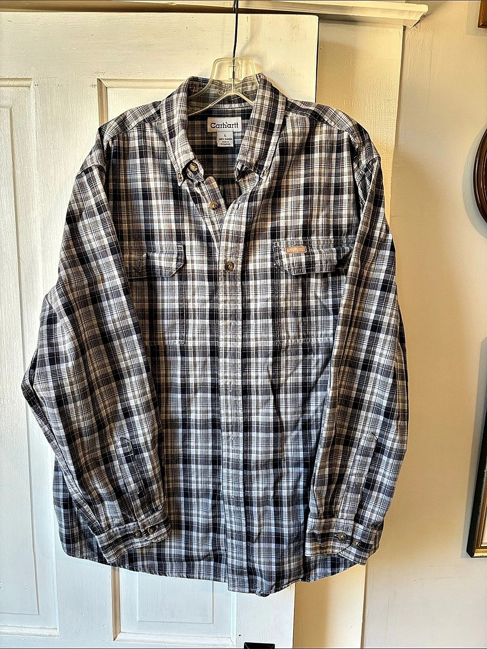 Carhartt Long Sleeve Chambray Plaid Shirt Plaid Cotton Button Down Shirt Size L